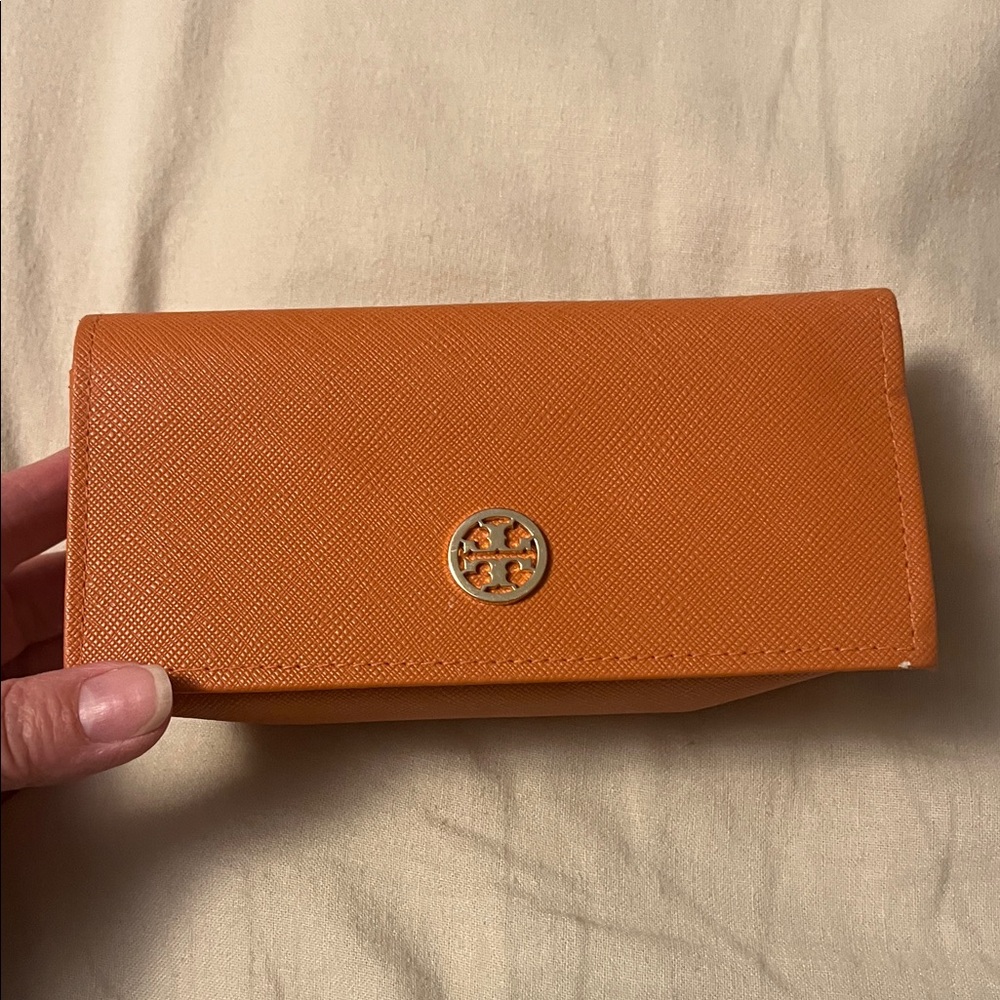 Tory Burch Orange Saffiano Leather Glasses Case with Gold Logo
